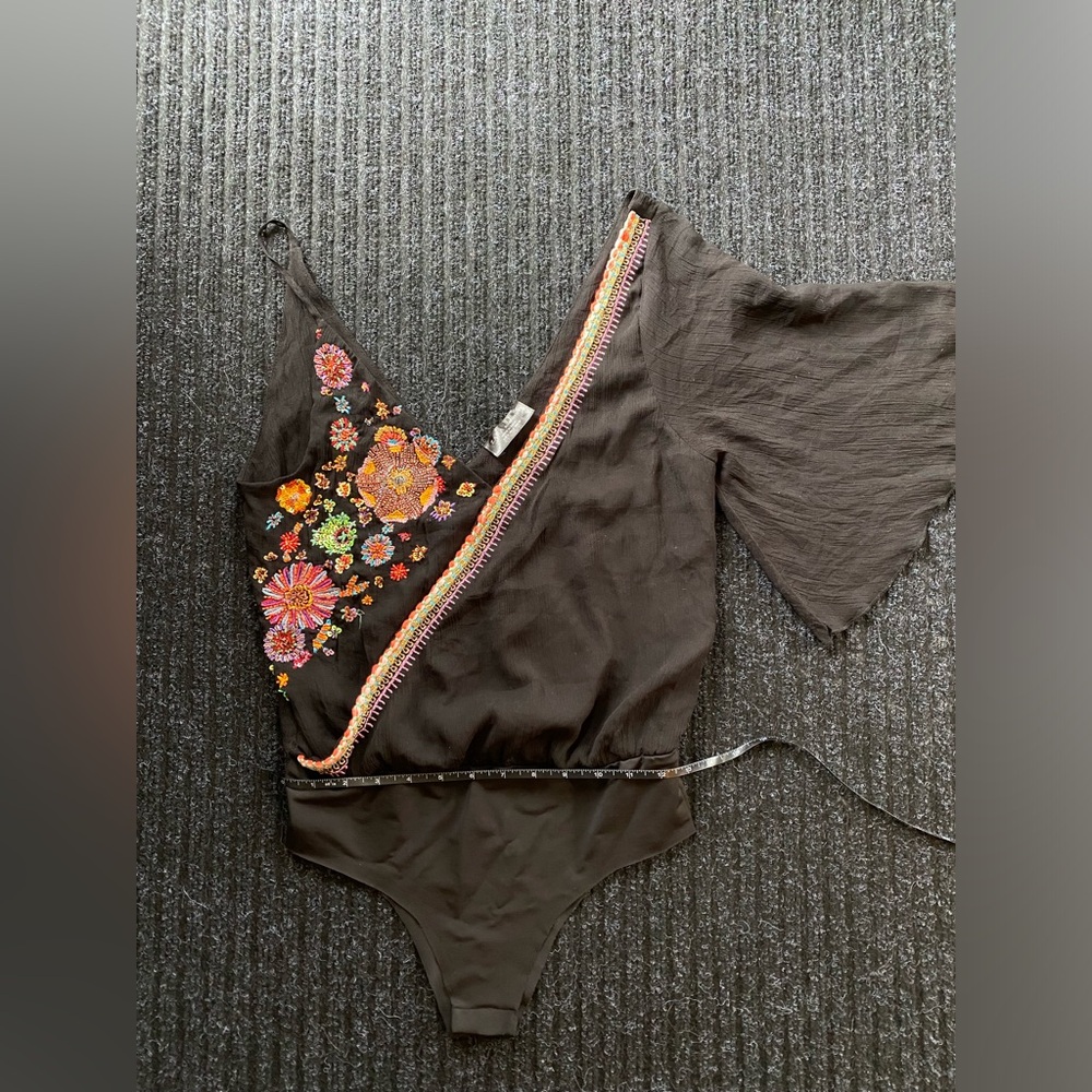 ZARA one sleeve and one spaghetti strap, embellished bodysuit